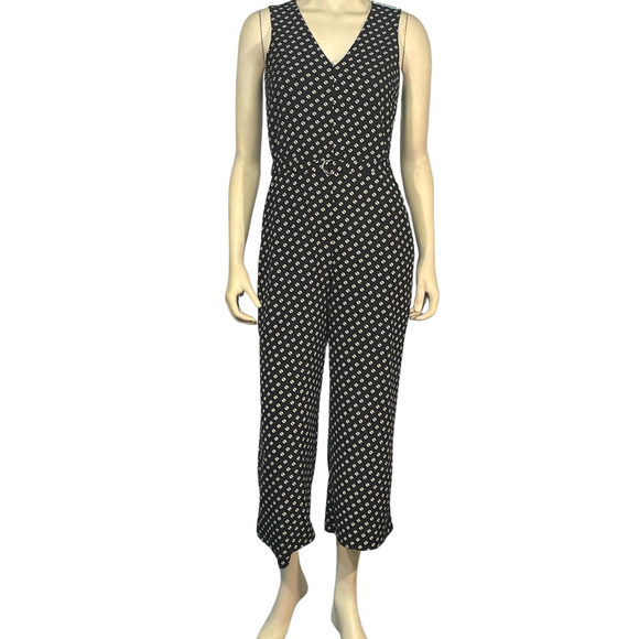 Michael Kors Sz 2 Belted Jumpsuit Cropped Pants V-Neck Bodice Black White Dots - Picture 1 of 13
